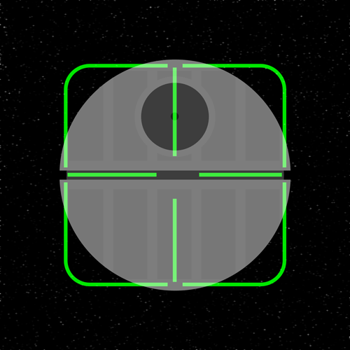 Graphic of fighter plane crosshairs on a Head-Up Display targeting a huge spherical space station